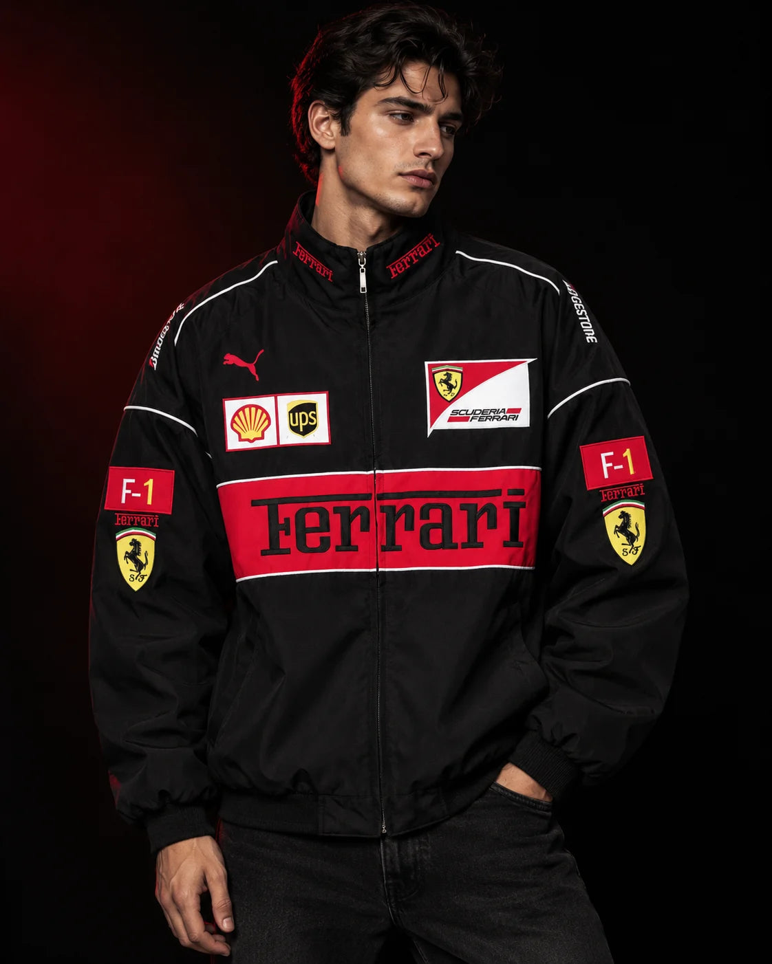 Model wearing Ferrari racing jacket