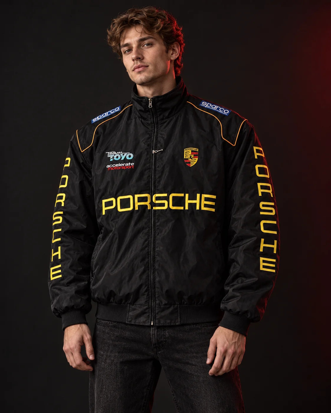Model wearing Porsche racing jacket
