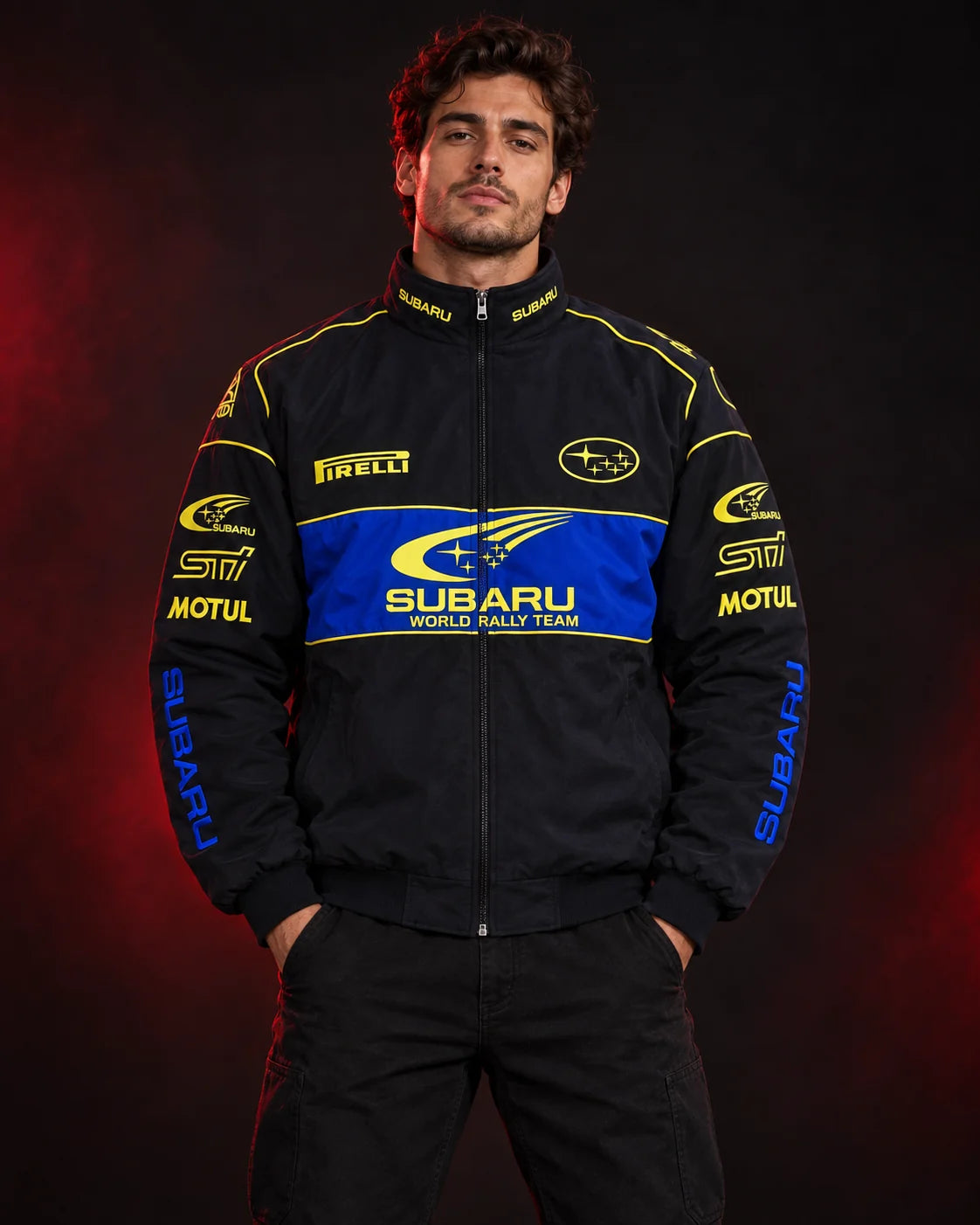 Model wearing Subaru racing jacket