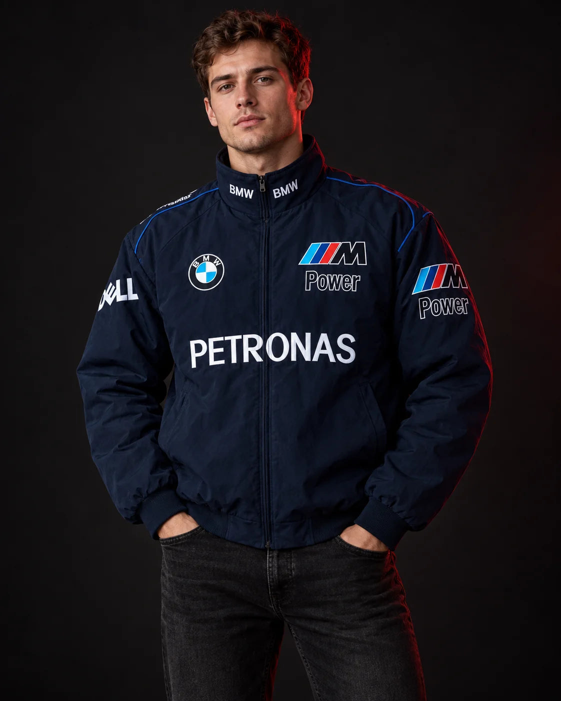 Model wearing BMW racing jacket